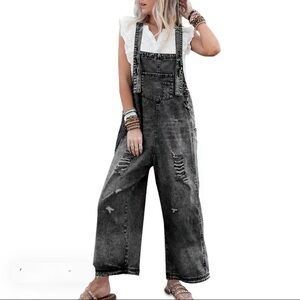 Women's Boho Distressed Black Denim Overalls
